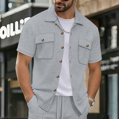 Waffle-Weave Mens Casual Short-Sleeve T-Shirt Jacket