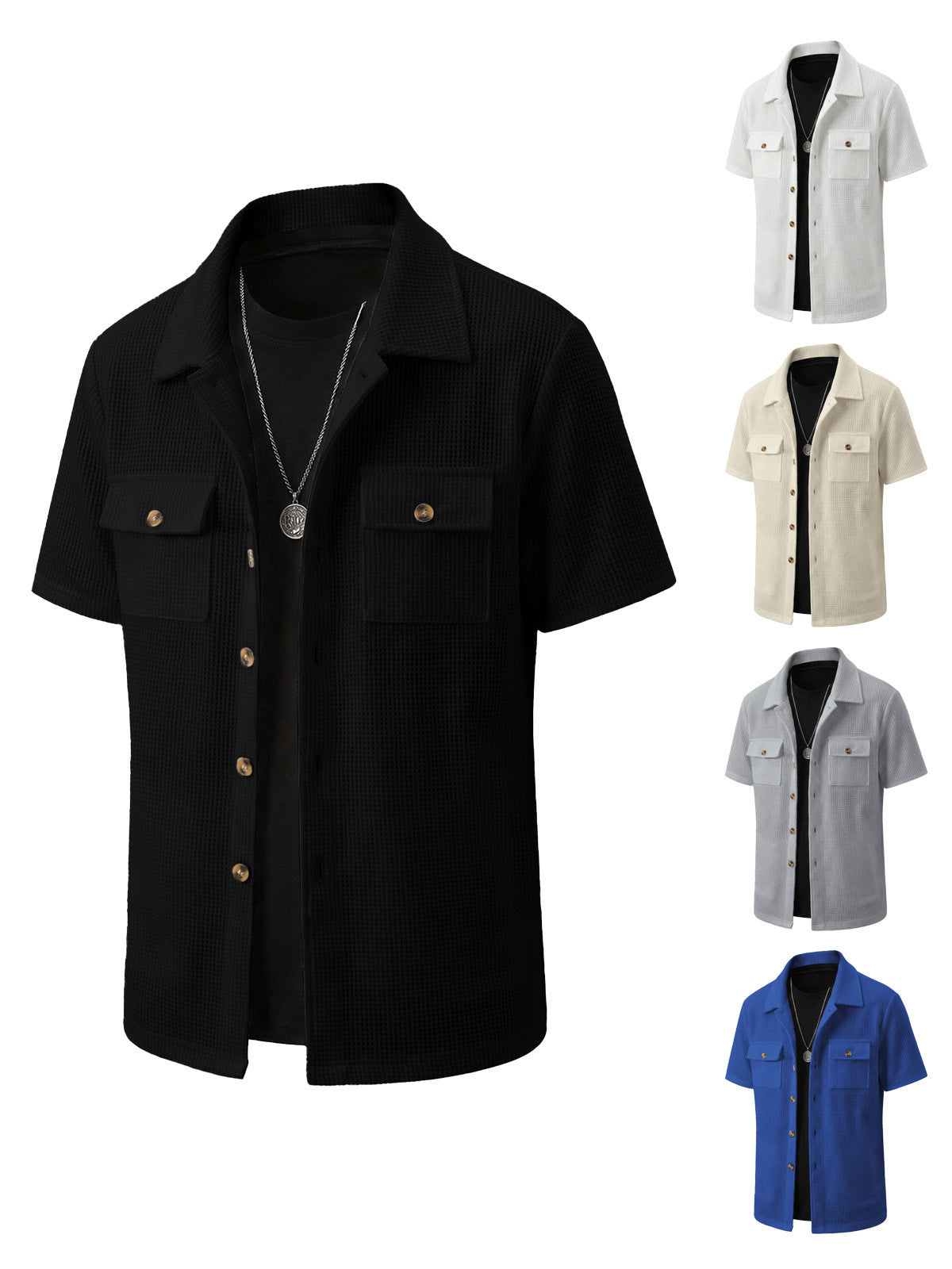 Waffle-Weave Mens Casual Short-Sleeve T-Shirt Jacket