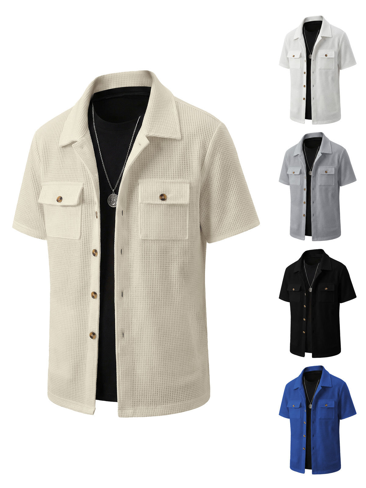 Waffle-Weave Mens Casual Short-Sleeve T-Shirt Jacket